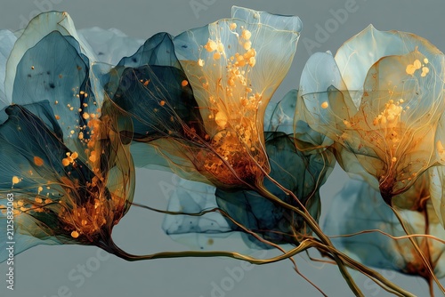 Botanical fluid art in blue and orange floral wallpaper