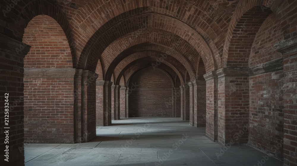 Naklejka premium Arched brick corridor with repeating vaulted arches and soft moody light
