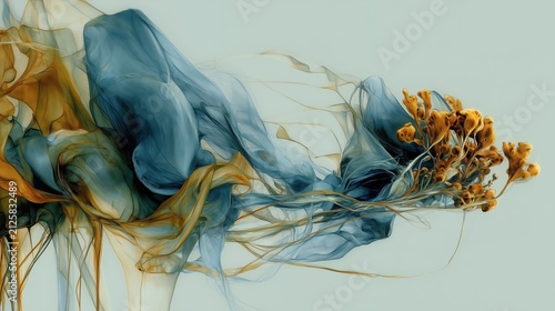 Abstract botanical fluid art as floral background in blue and ochre