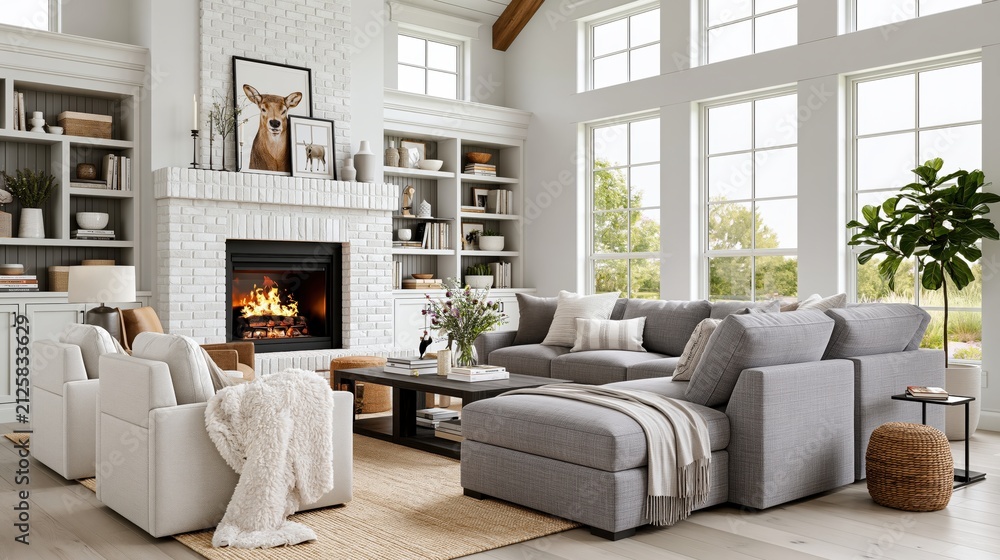Fototapeta premium A modern living room with a gray sectional sofa and a white brick fireplace