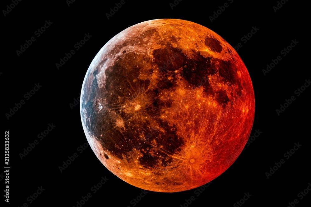 Fototapeta premium Crimson lunar eclipse glowing against pitch black night sky with sharp surface crater details for astronomical science publication
