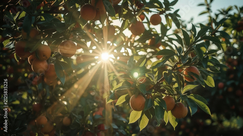 Sunbeams shining through orange tree branches with ripe fruit and warm glow