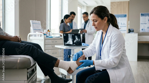 Dedicated female doctor examines patient's injured leg, applying fresh bandage in modern clinic room