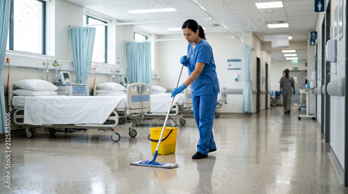 Dedicated hospital staff member mopping clean floors in a quiet patient room corridor