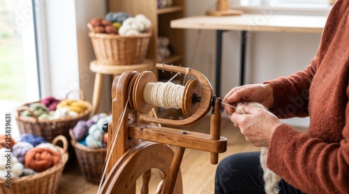 Elderly person using spinning wheel for bobbin winding with wool  