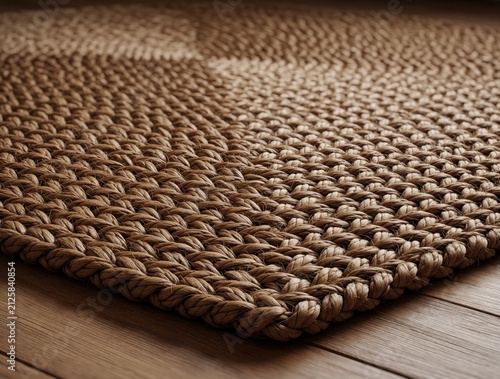 Close up view of woven jute rug on wooden floor. Natural braided fiber texture creates rustic pattern in home decor. Eco friendly sisal mat adds warm organic feel to living room apartment interior