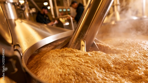 Brewery mash tun rake arm stirring grain mash in sharp focus and blurred brewers behind. Concept of beer mashing production.