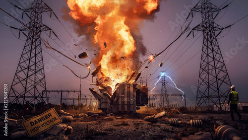 Industrial transformer explosion with electrical arcing explosion transformer electricity lightning electrical technician infrastructure accident catastrophe emergency industry industrial