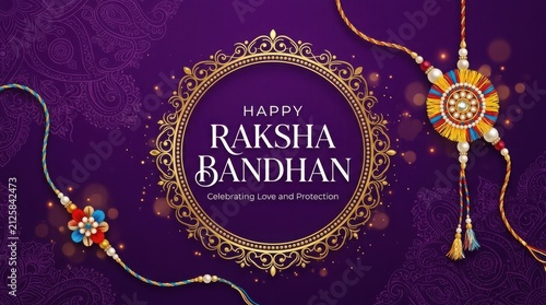 Happy Raksha Bandhan celebration with decorative rakhi and text honoring love and protection, Indian festival.