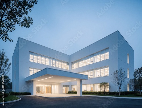 Modern white L-shaped building houses medical center with three floors. Wide glass windows reveal illuminated interiors. Entrance canopy extends over glass doors creating welcoming approach to