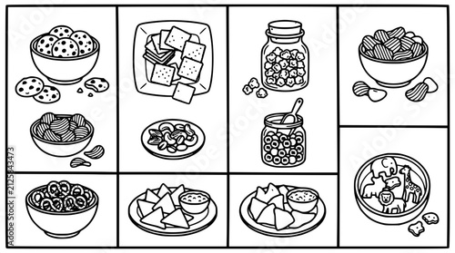 Snack Icons Grid Arrangement in Black and White Line Art Style with Bowl Jars Chips and Candy Pieces