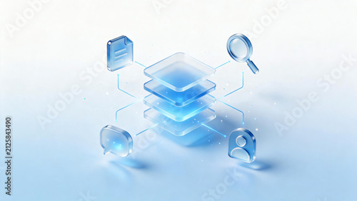 3D isometric glassmorphism database server architecture with connected glass icons for document search chat message and user profile network technology concept