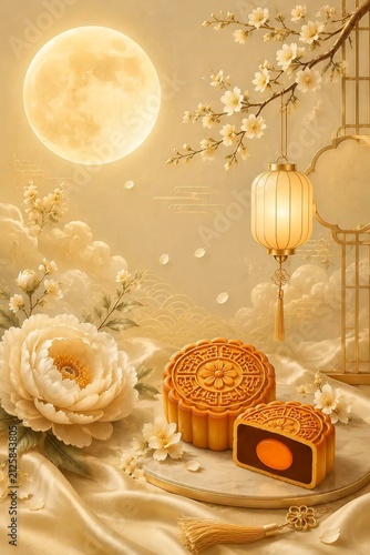 Luxury Mid Autumn Festival scene with cute white rabbits, golden mooncake, full moon, and lantern in elegant Chinese style. Perfect for holiday background, greeting card, and seasonal design.