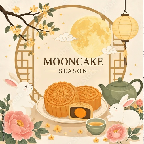 Luxury Mid Autumn Festival scene with cute white rabbits, golden mooncake, full moon, and lantern in elegant Chinese style. Perfect for holiday background, greeting card, and seasonal design.