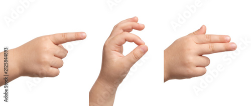 Child hand gestures set isolated showing pointing index finger, ok sign, and two fingers gesture on white background for body language, communication, toddler signal, and child symbol collection.
