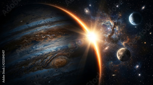Cosmic collision illuminating the edge of a planetary system with planetary bodies and swirling galaxies