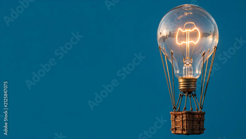 Conceptual light bulb hot air balloon glowing against blue background