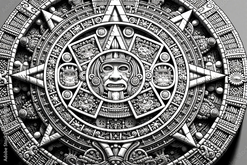 Obraz premium Aztec calendar sun stone black, white coloring page for adults. Intricate mesoamerican pattern features detailed ancient civilization symbols, tribal glyphs. Printable line art drawing provides