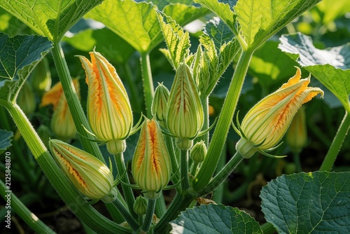 Fresh squash blossoms unfurl yellow petals amidst rich green leaves in a sunny garden. Budding flowers signal growth and new life on a vibrant plant.