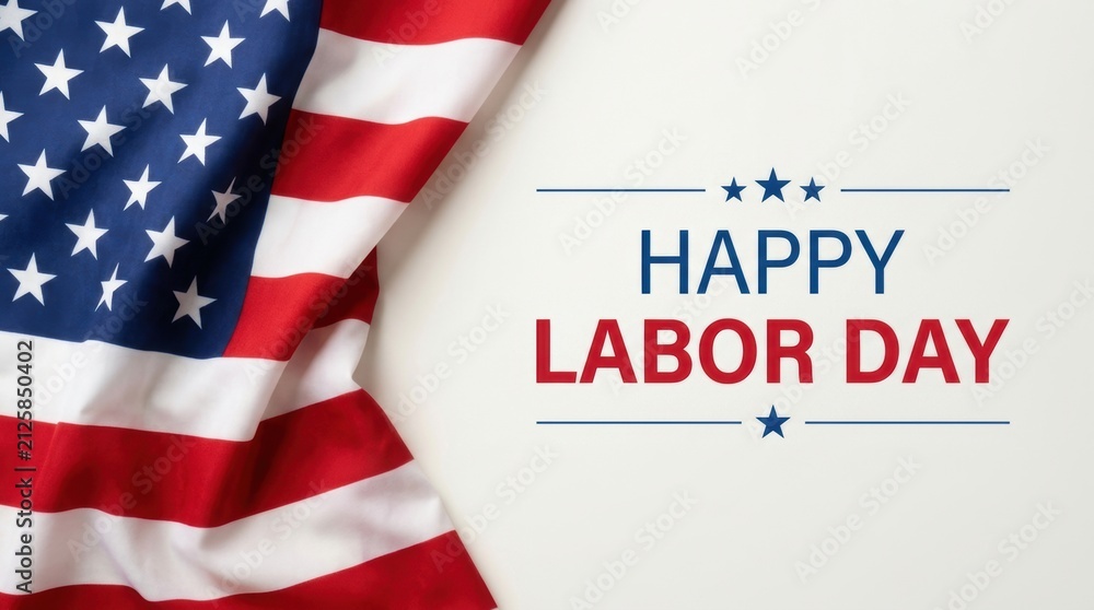 Fototapeta premium A festive Labor Day graphic featuring a gracefully folded American flag positioned to the left of celebratory text and star icons on a clean white background