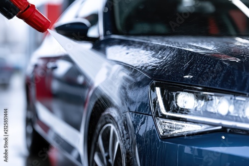 Car cleaning with high pressure jet at wash bay