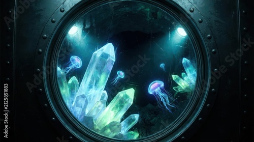 Porthole view of glowing crystals and jellyfish underwater.