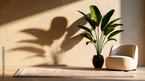 Bird of paradise plant and armchair casting dramatic shadows in a minimalist room with warm sunlight for interior design marketing