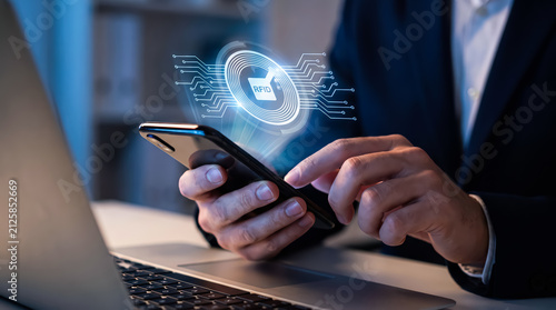 Businessman using smartphone with digital rfid technology interface for secure data transmission and contactless payment