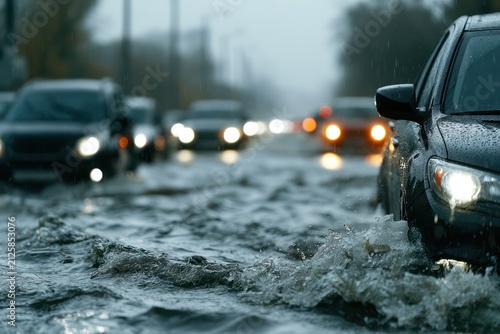 Flooded city road with cars stuck in water after rain storm