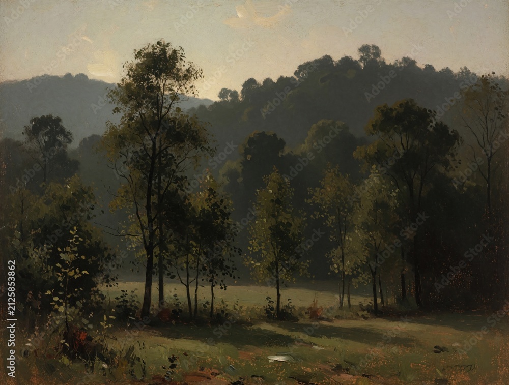 Fototapeta premium Oil painting moody forest landscape with rolling hills under hazy sky. Sunlight filters through trees onto grassy clearing, evoking serene, rustic atmosphere. Artwork offers quiet solitude.