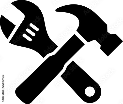 Quadro su tela Black wrench and hammer icon for construction and repair isolated on transparent