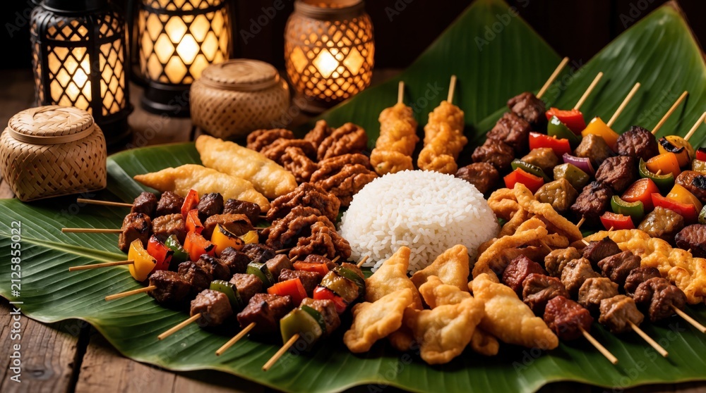 Fototapeta premium Traditional Filipino meal served on banana leaf with heap of white rice. Delicious meat skewers paired with crispy fried snacks, roasted vegetables. Wooden table background with glowing lanterns