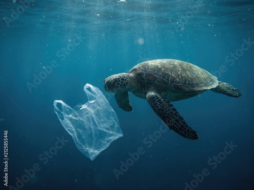 Sea turtle swimming towards a floating plastic bag underwater