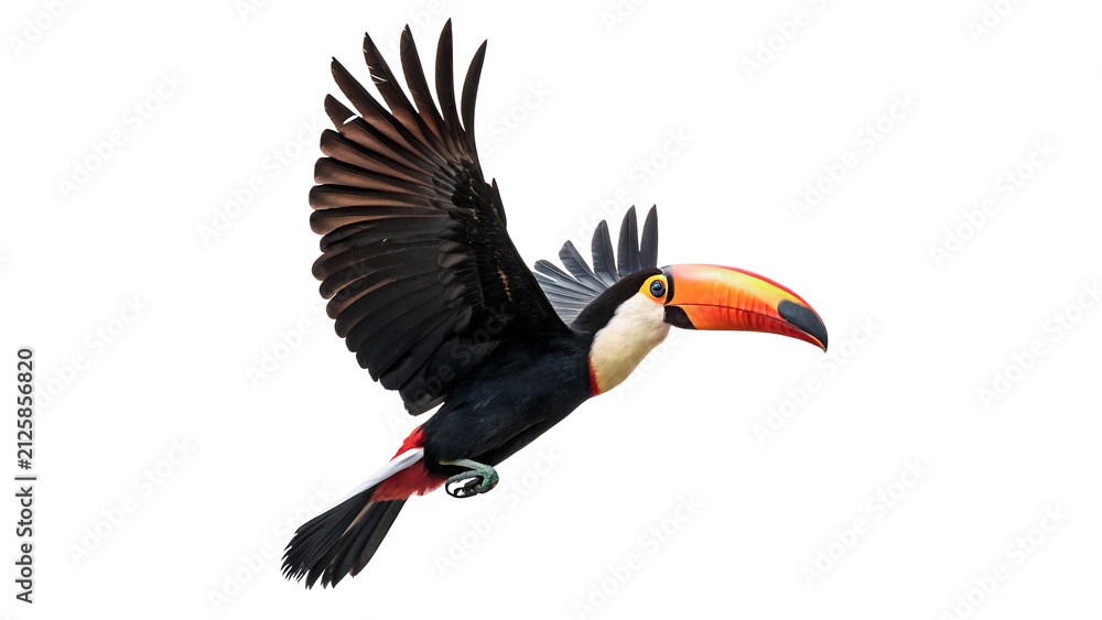 Obraz premium Exotic toucan bird flying gracefully with colorful big beak in tropical rainforest isolated on transparent background