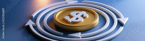 Golden coin with a dollar sign surrounded by circular arrows representing currency flow