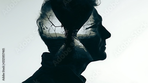Prompt: A surreal double exposure portrait. A sharp silhouette profile of an exhausted man is filled with a dark landscape of black sand leaking from a giant cracked hourglass. Shot on Leica 