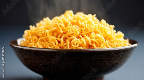 Steaming hot instant noodles in a dark ceramic bowl against a blurred background