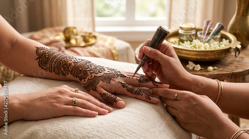Artist applying traditional intricate bridal mehndi henna tattoo design pattern on bride hand using cone during wedding ceremony preparation