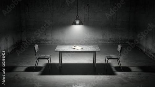 Black and white photography of empty interrogation table and chairs under single spotlight with interrogation spotlight monochrome investigation suspense dramatic concrete industrial interview