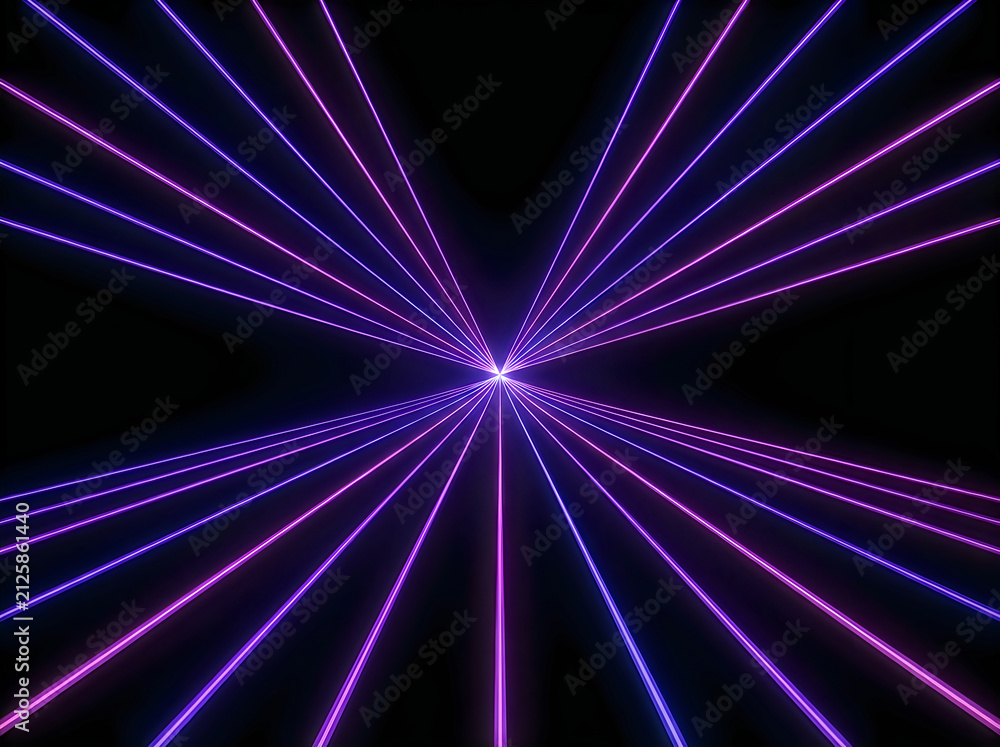 Fototapeta premium Neon purple laser beams radiating from center on dark background.