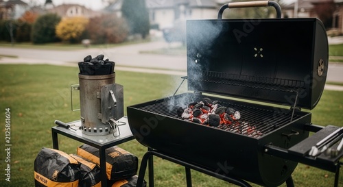 Outdoor Grilling Season Preparation With Hot Coals And Charcoal Bags