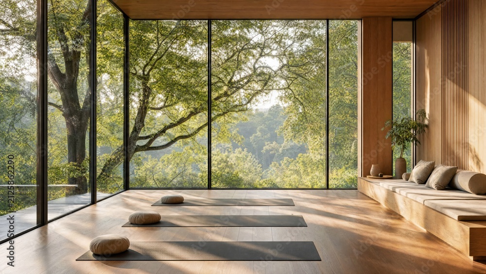 Obraz premium Serene minimalist yoga studio with floor-to-ceiling windows overlooking lush green forest, natural sunlight streaming through glass walls, meditation mats arranged neatly