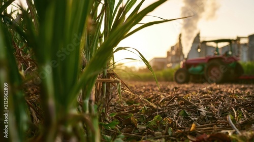 Low angle view of green sugarcane plants in a farm field with a red tractor working in the at sunset