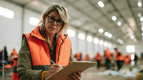 Volunteer woman writing clipboard safety vest warehouse Middle aged volunteer writing notes clipboard inside warehouse during