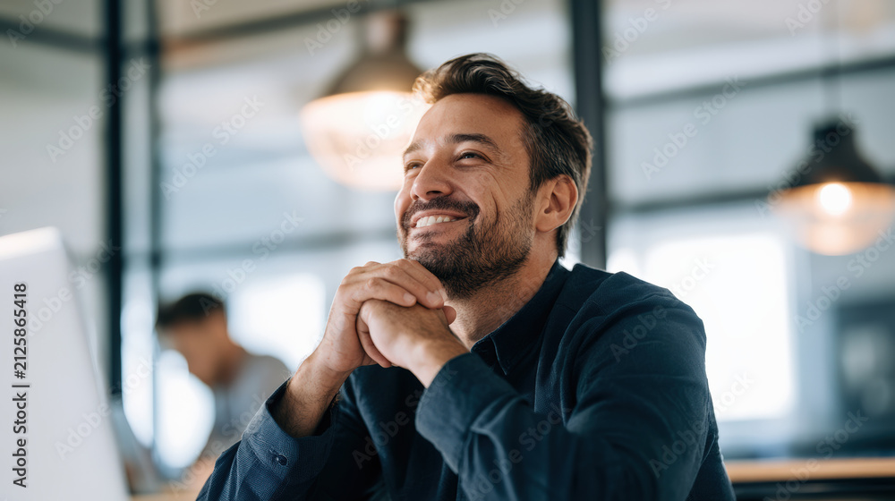 Fototapeta premium Businessman smile office laptop portrait work thoughtful businessman smiling while working 