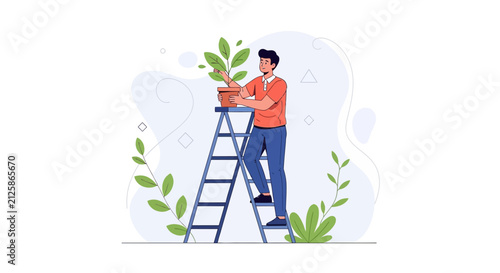 Man on Ladder Tending to Potted Plant, symbolizing Growth and Care