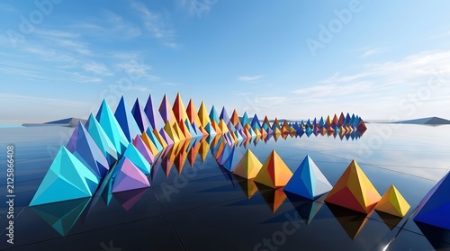 Colorful Crystal Pyramids Reflecting on Calm Blue Water 3D Render
