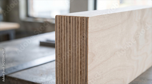 Plywood Board Cross Section Showing Detailed Wood Grain Layers Texture Macro Shot Construction Material Surface Industrial Woodworking Design Element Natural Veneer Pattern Solid Structural Timber