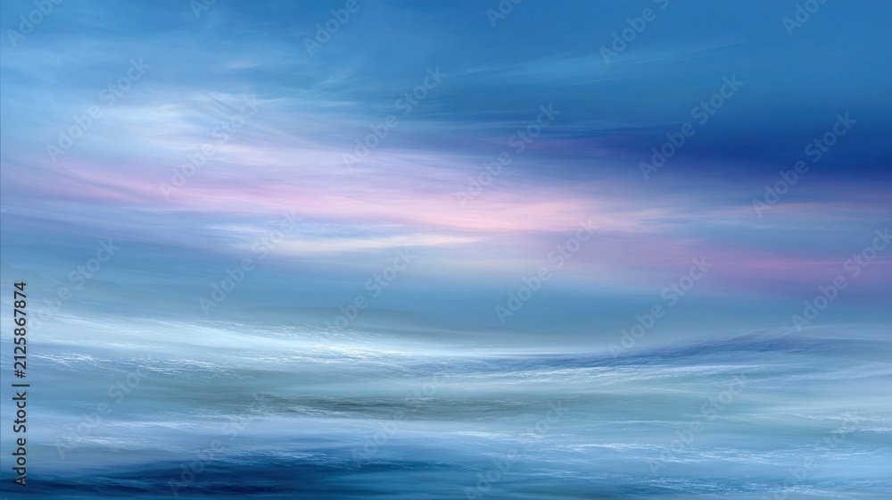 Fototapeta premium Serene Blue Ocean Waves with Soft Pink Sunset Hues in Dreamy Abstract Artistic Style