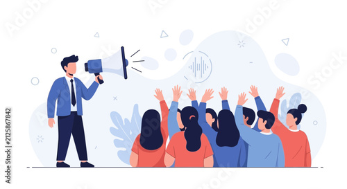 Man with Megaphone Addresses Enthusiastic Crowd Raising Hands, Vector Illustration for Communication and Engagement